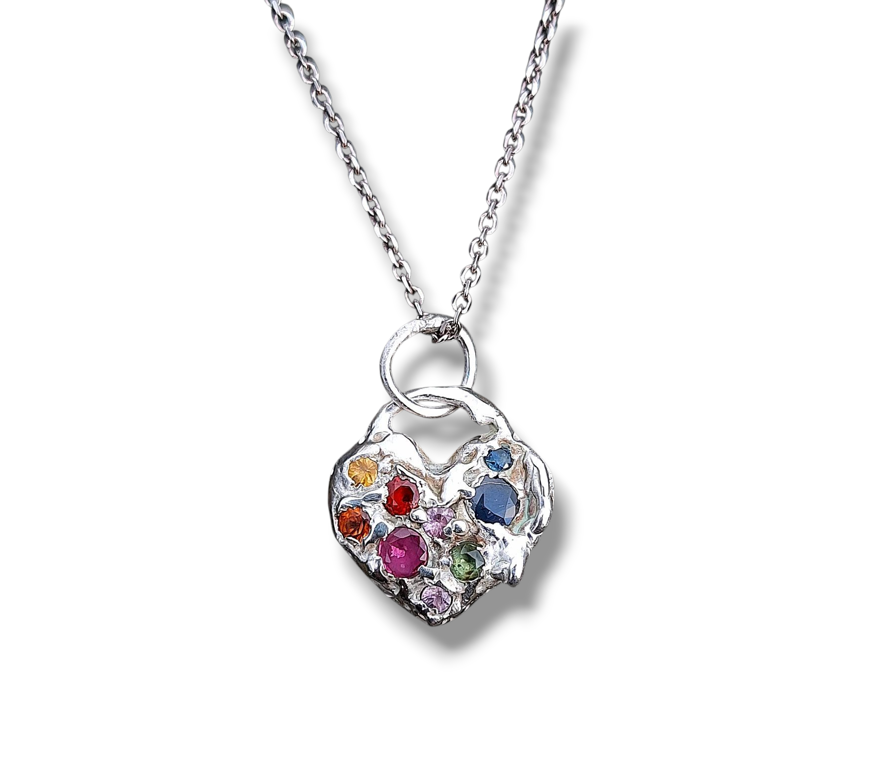 Molten Heart - sterling silver, ruby and multi sapphire necklace