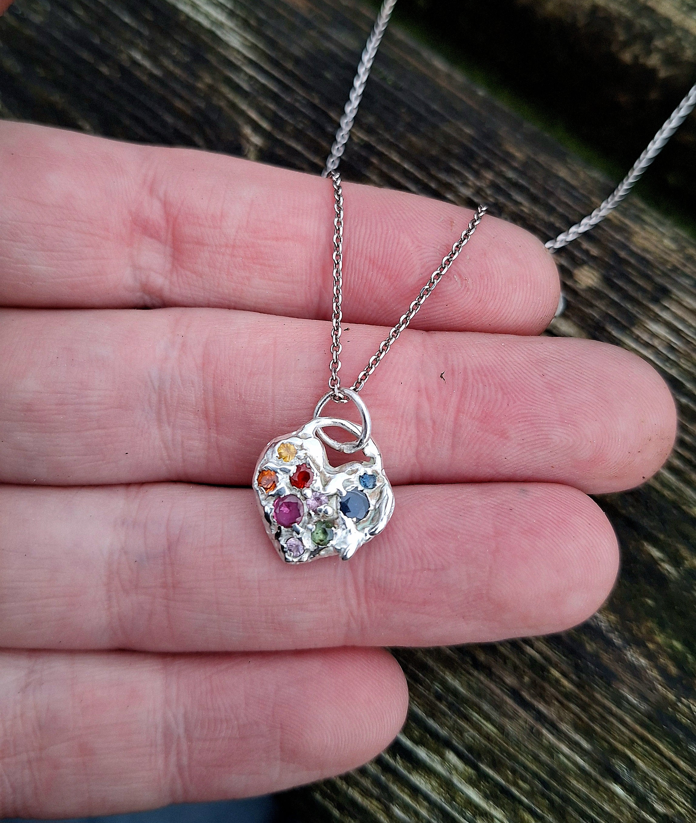 Molten Heart - sterling silver, ruby and multi sapphire necklace