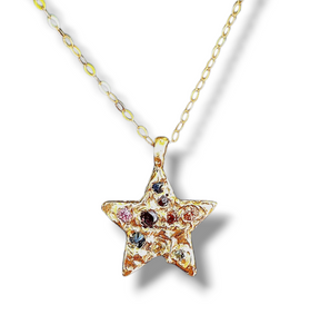 Supernova - Solid gold sapphire and ruby star pendant necklace