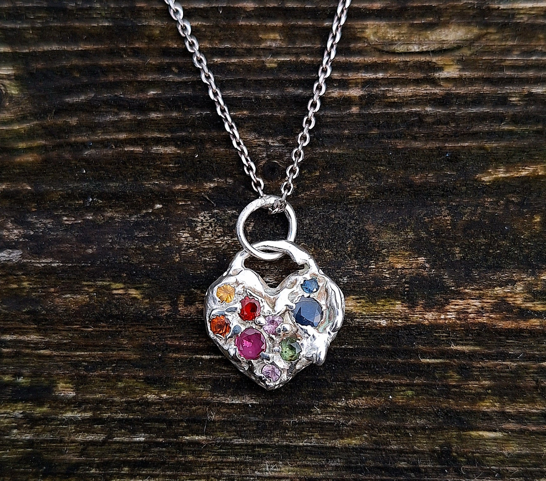 Molten Heart - sterling silver, ruby and multi sapphire necklace