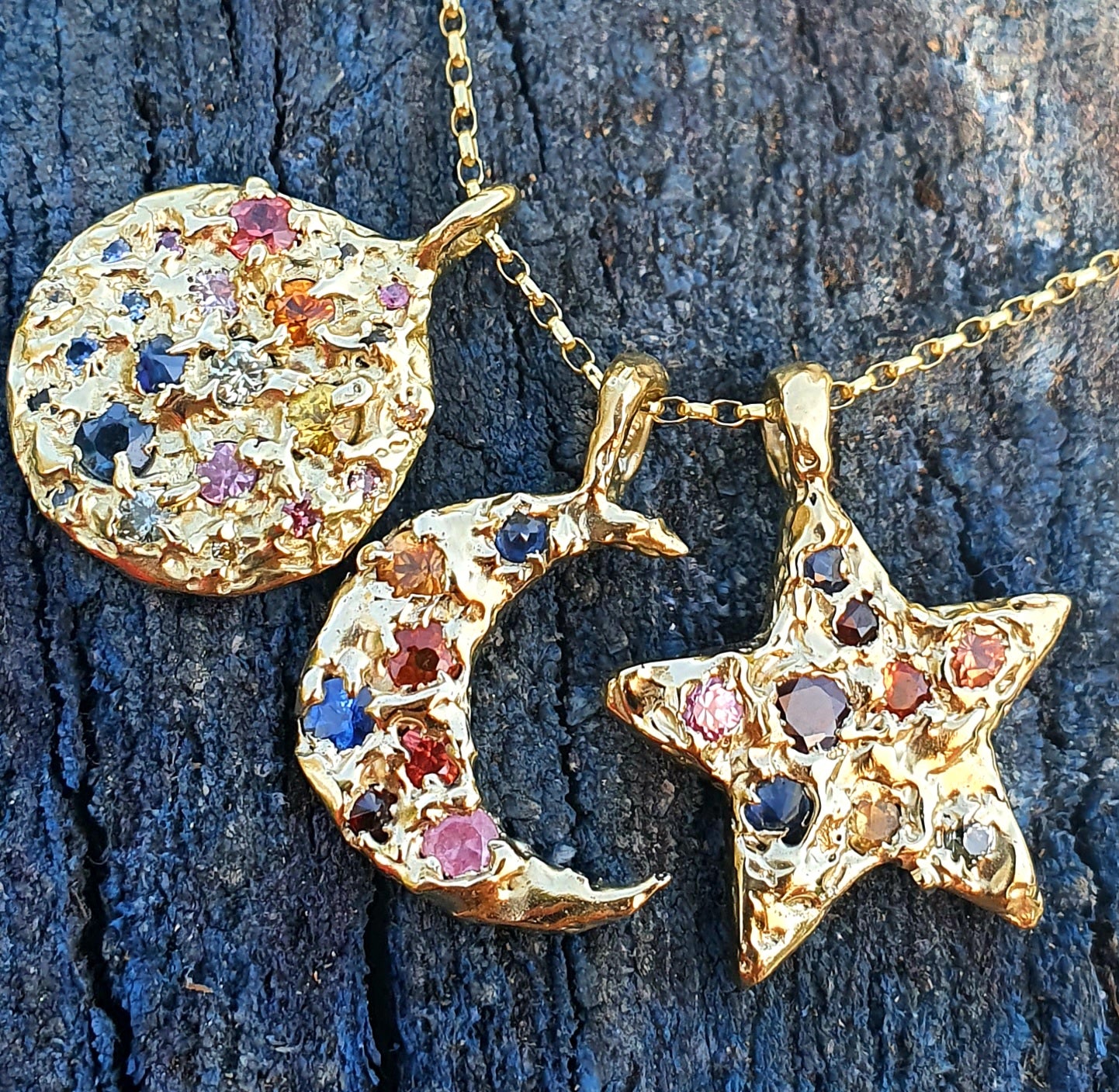 You are my Sun, Moon and Stars - Gold and sapphire necklace