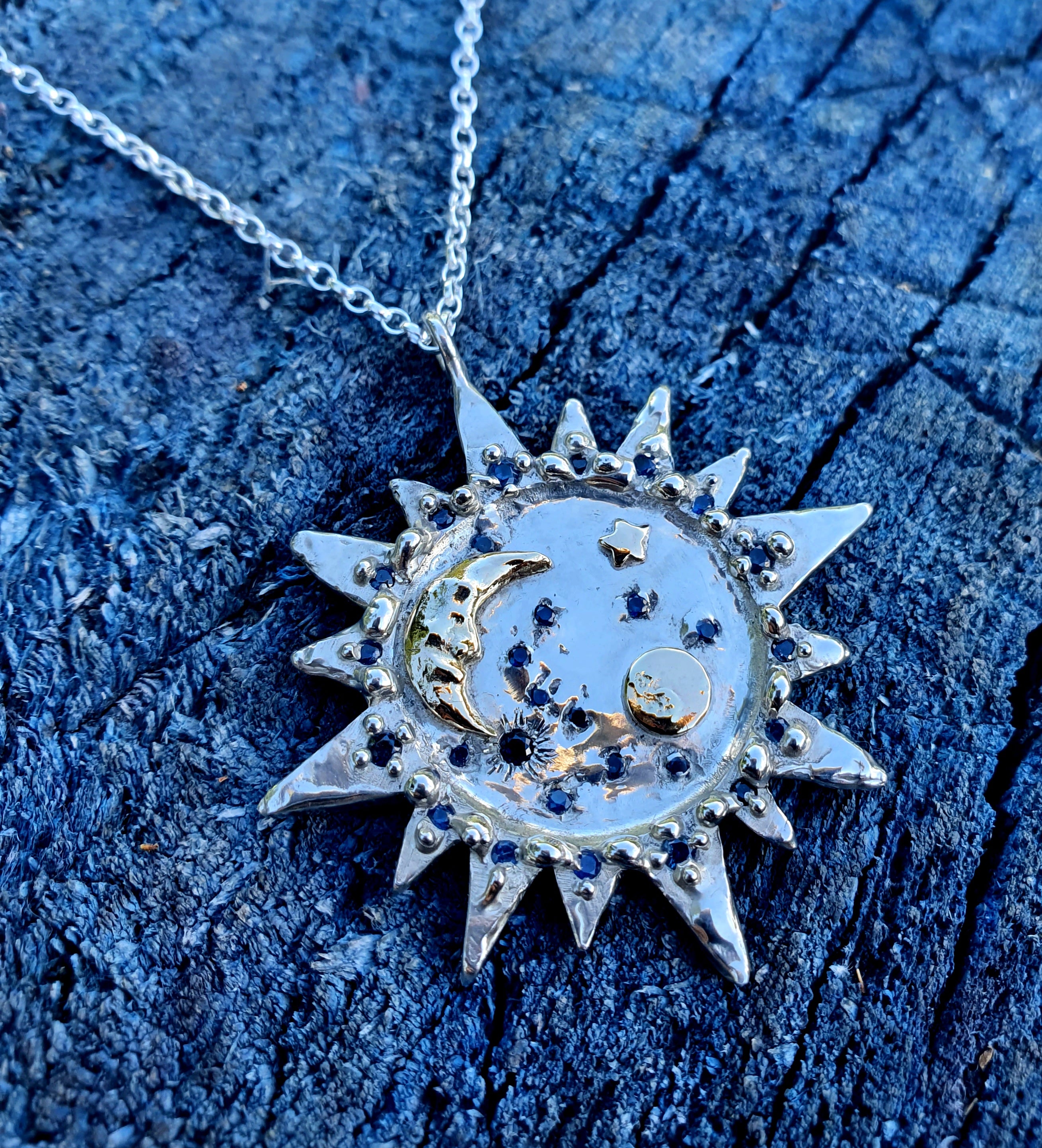 Starry, Starry Night - Sterling silver, sapphire and 9k gold medallion necklace