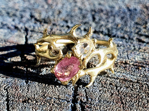 Antler ring - 9k gold and lab made white sapphire