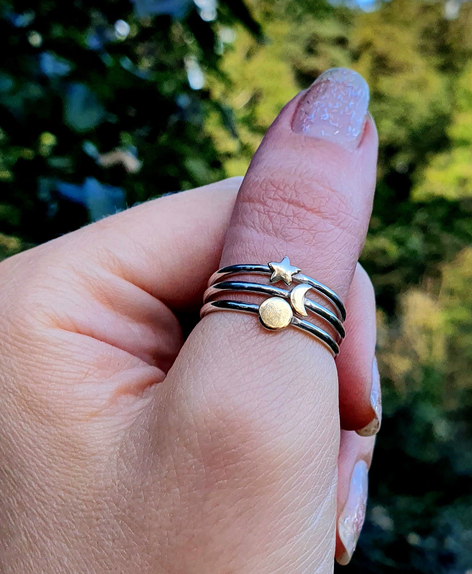 You are my Sun, Moon and Stars - sterling silver and 9k gold stacking rings