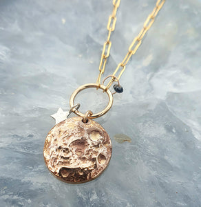 Molten Moon Necklace - gold filled necklace, bronze moon, silver star and black diamond bead