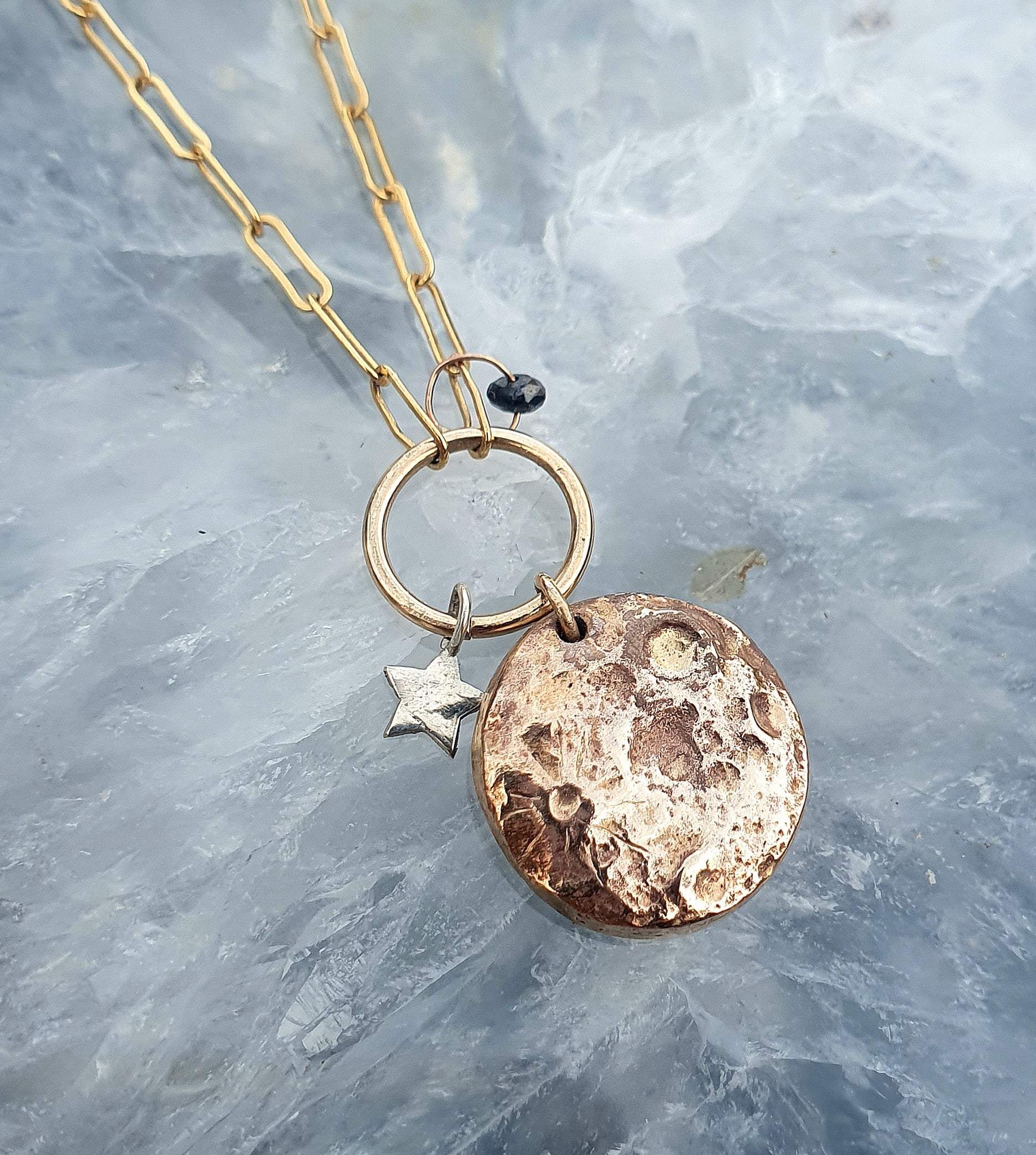 Molten Moon Necklace - gold filled necklace, bronze moon, silver star and black diamond bead