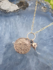 Raven Penny Necklace - Gold filled chain, bronze coin and back diamond bead